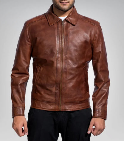 Vintage brown distressed leather jacket with zipper details