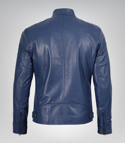 Premium blue leather biker jacket for men