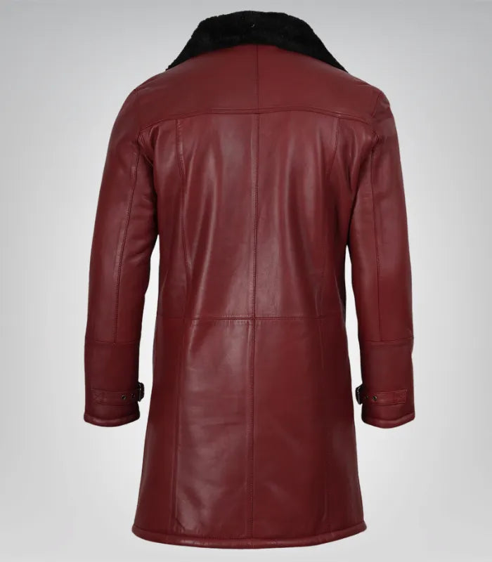 Men’s Maroon 3/4 Length Leather Coat with Black Faux Shearling Lining