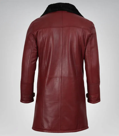 Men’s Maroon 3/4 Length Leather Coat with Black Faux Shearling Lining
