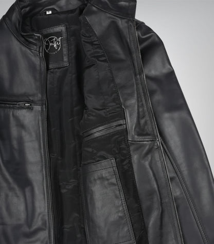 Premium black leather biker jacket for men, cowhide material