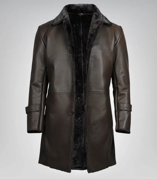 Men’s 3/4 length dark brown genuine leather coat with faux shearling lining