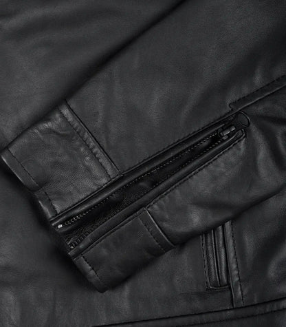 Trendy men’s black leather motorcycle jacket with matte finish