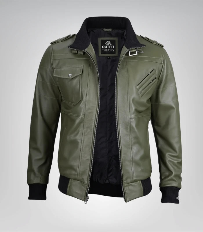 Premium army green bomber jacket with zipper detailing