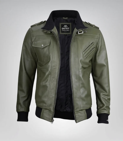 Premium army green bomber jacket with zipper detailing