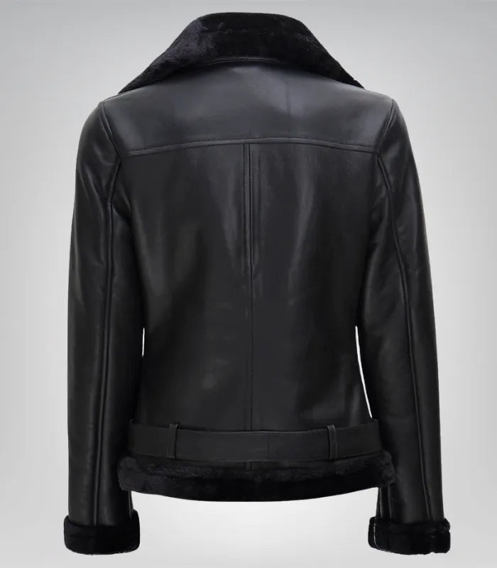 Women’s Black Shearling Leather Biker Jacket – Genuine Lambskin Winter Style