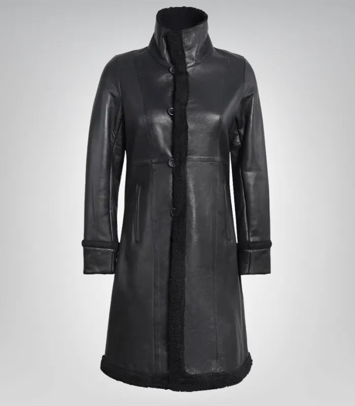 Classic women’s 3/4 leather coat in black – cozy faux shearling winter style