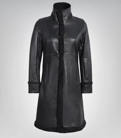 Classic women’s 3/4 leather coat in black – cozy faux shearling winter style