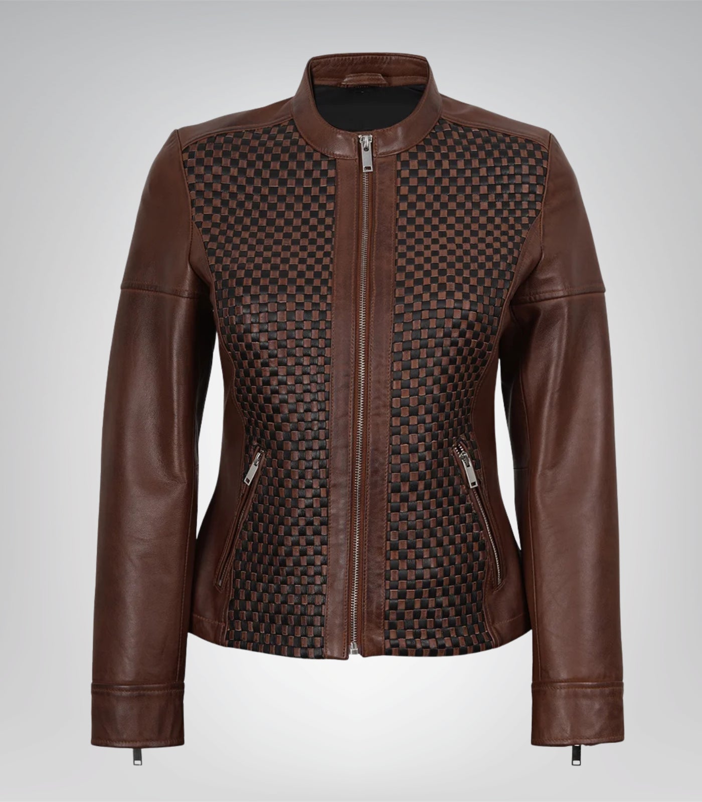 Premium cognac biker jacket for women featuring a textured finish