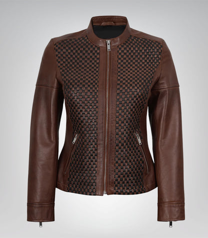 Premium cognac biker jacket for women featuring a textured finish