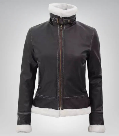 Women’s Mary B3 Dark Brown Shearling Leather Jacket with Removable Hood