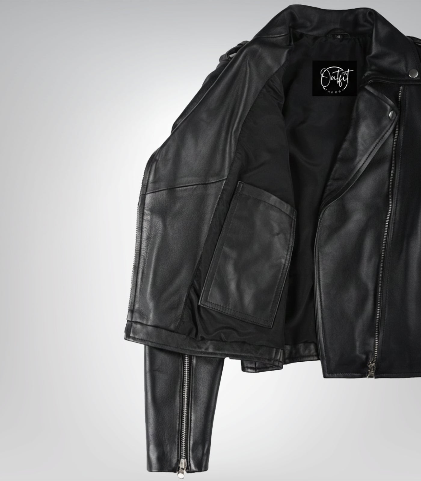 Premium women’s black leather moto jacket with angled zipper