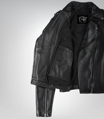 Premium women’s black leather moto jacket with angled zipper