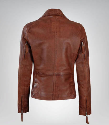 Stylish women’s cognac leather moto jacket design