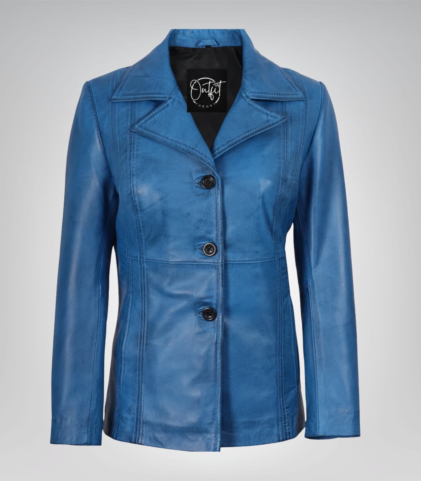 Blue real leather waxed coat for women with three front buttons
