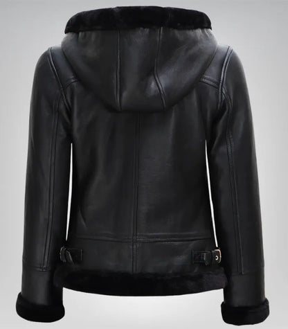 Alt Text: Timeless black hooded shearling leather jacket for women’s winter fashion