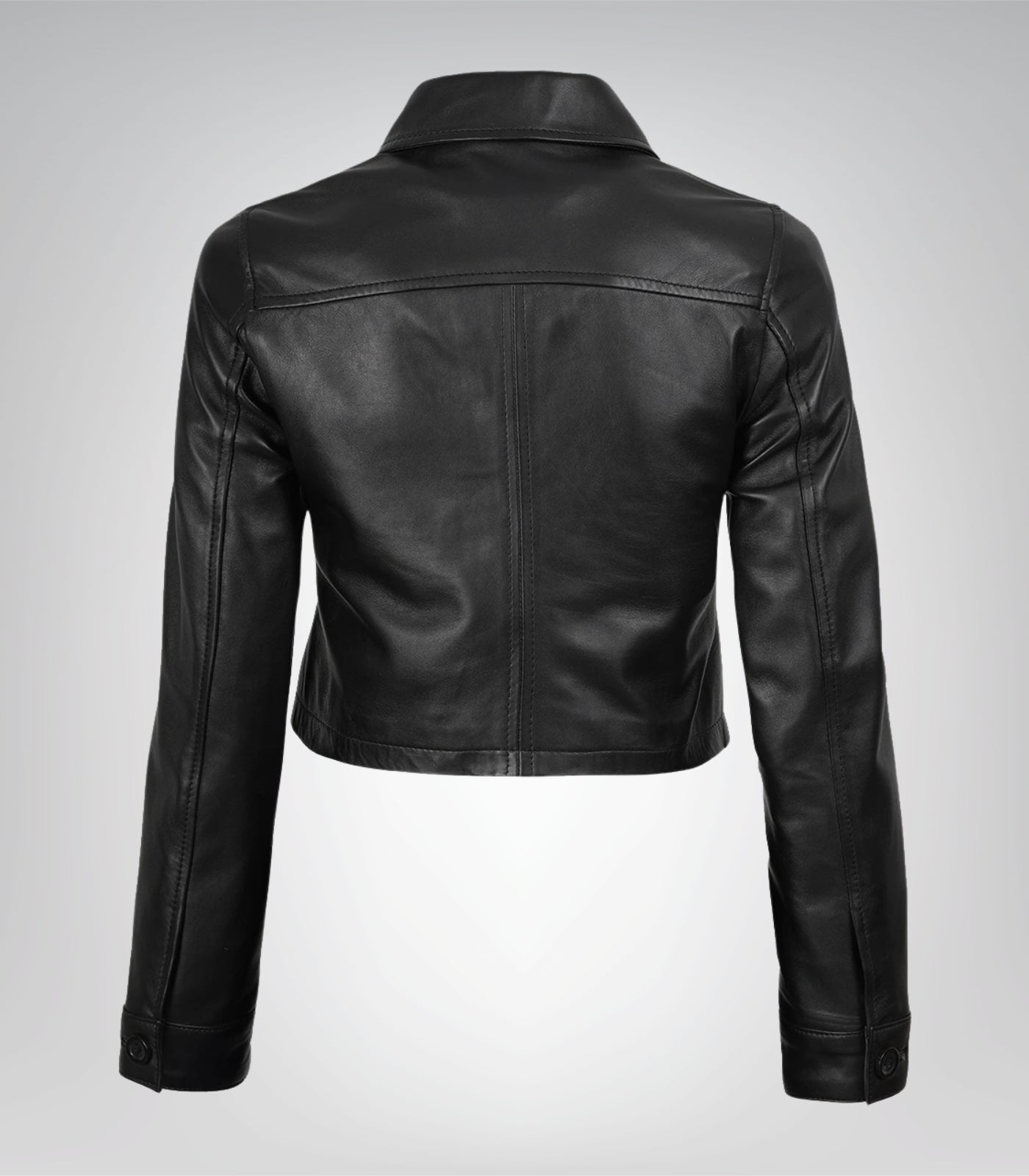 Button-up black cropped real leather jacket for women
