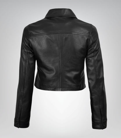 Button-up black cropped real leather jacket for women