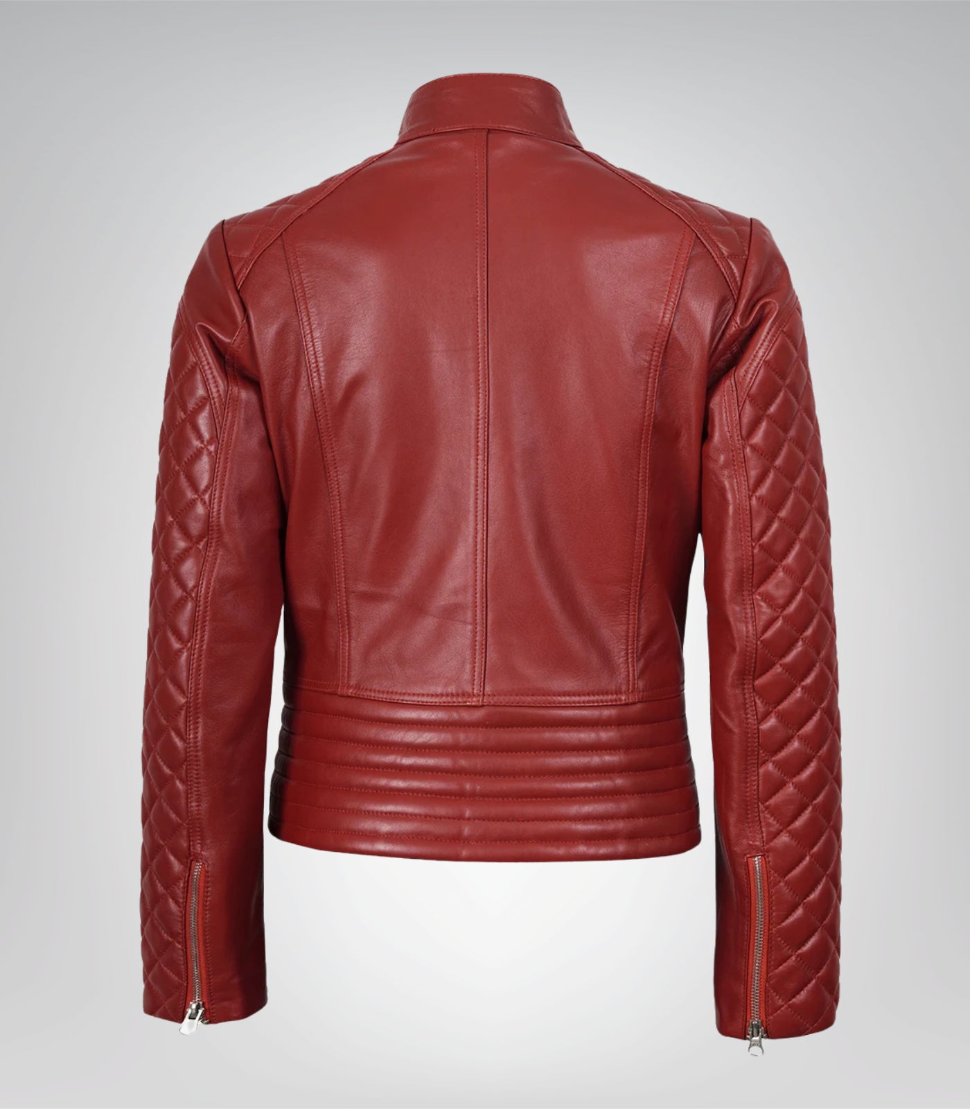 Women’s real leather red biker jacket featuring quilted accents
