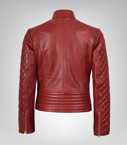 Women’s real leather red biker jacket featuring quilted accents