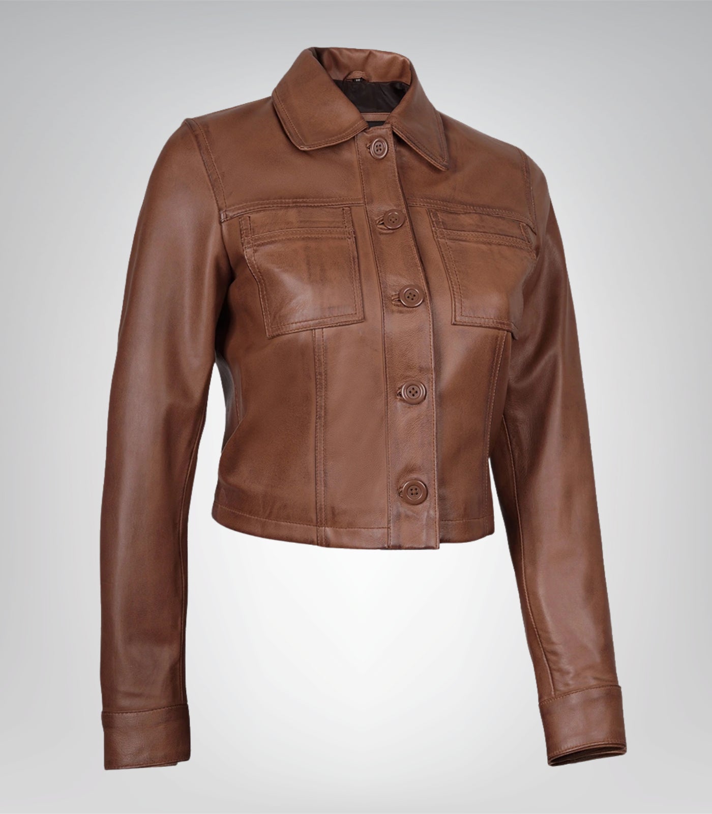 Premium women’s cropped genuine leather jacket in cognac