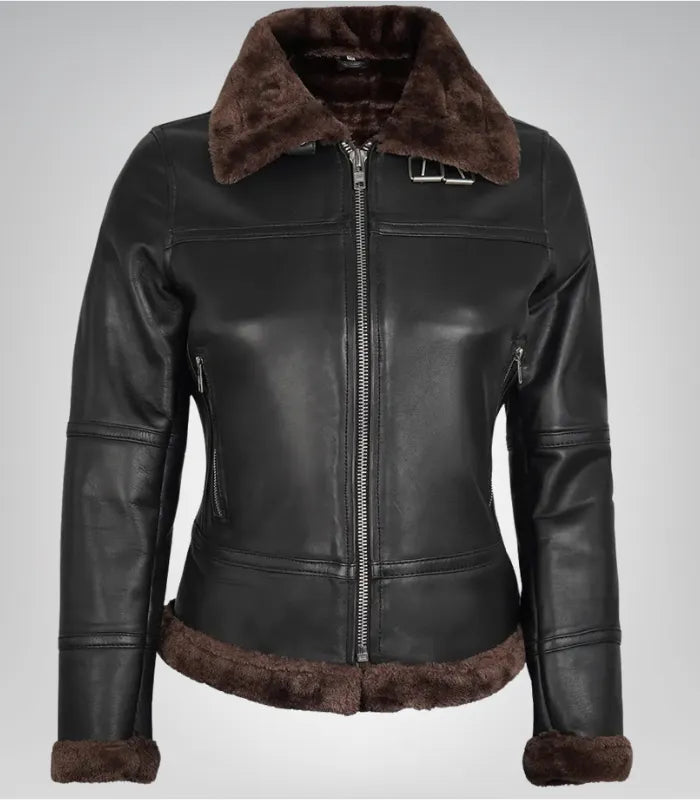 Alt Text: Timeless B3 aviator jacket for women in dark brown genuine shearling leather