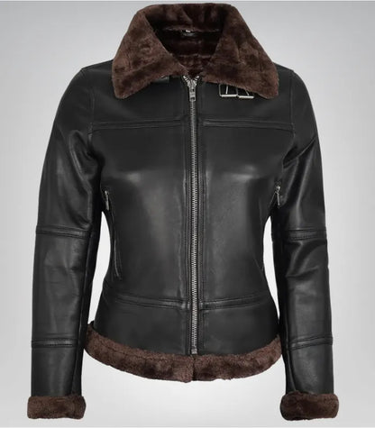 Alt Text: Timeless B3 aviator jacket for women in dark brown genuine shearling leather