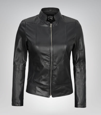 Premium black leather bomber jacket for women with removable hood