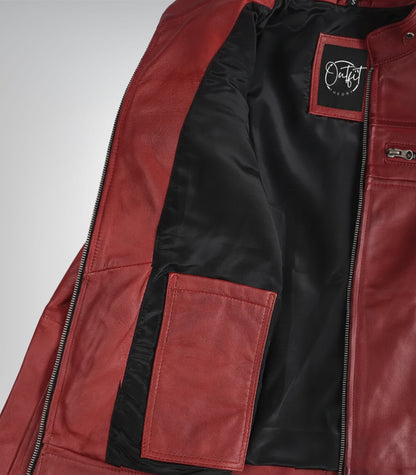 Premium women’s red waxed leather jacket in biker style