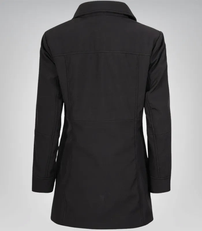 Alt Text: Timeless black lightweight coat for women with button down front