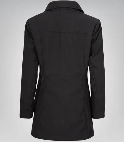 Alt Text: Timeless black lightweight coat for women with button down front