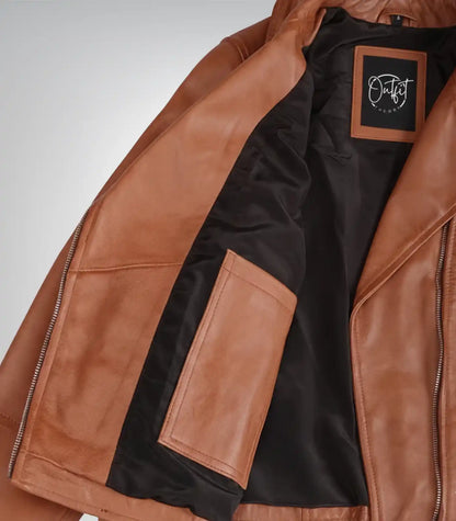 Premium tan biker-style women’s leather jacket with asymmetrical closure