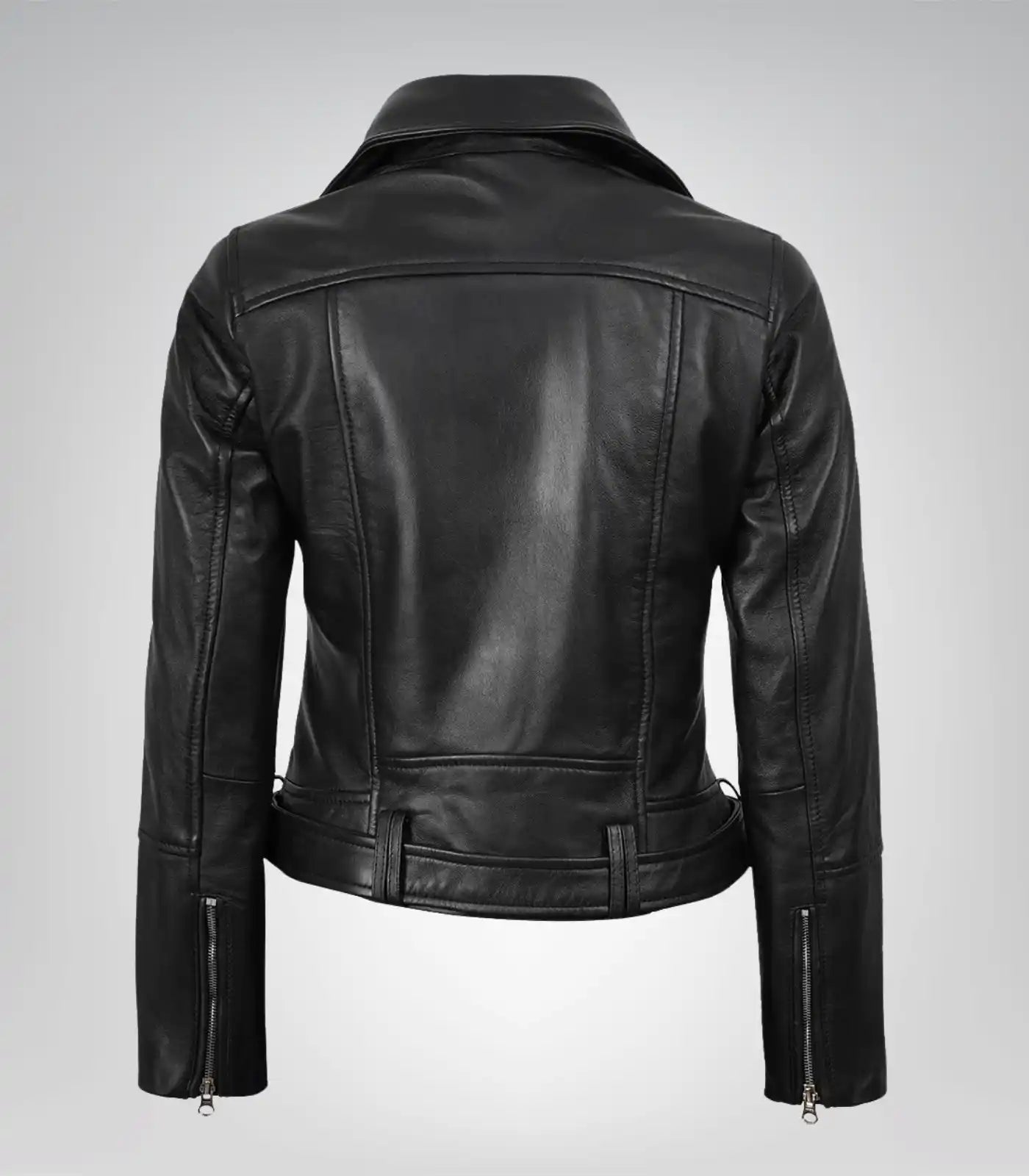 Premium black motorcycle-style leather jacket for women with belt
