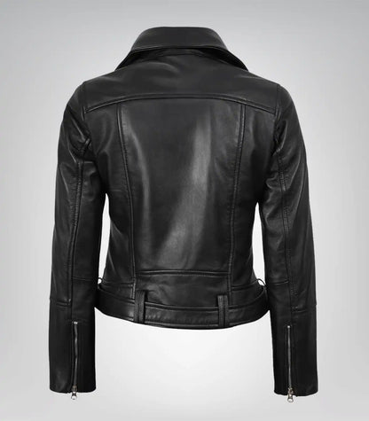 Premium black motorcycle-style leather jacket for women with belt