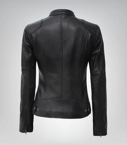 Women’s stylish black leather biker jacket in slim design