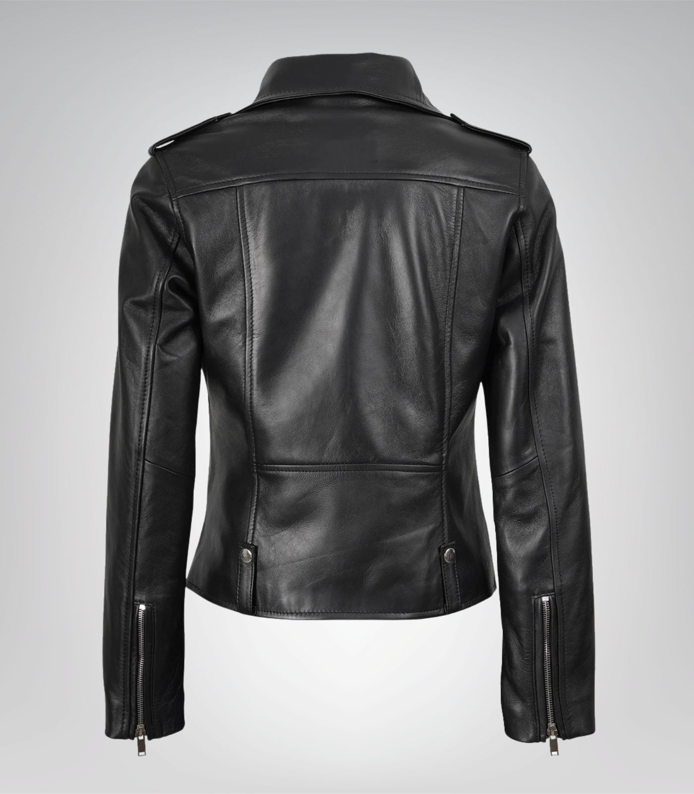 Asymmetrical closure black leather moto jacket for women