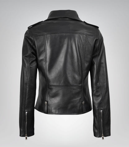 Asymmetrical closure black leather moto jacket for women