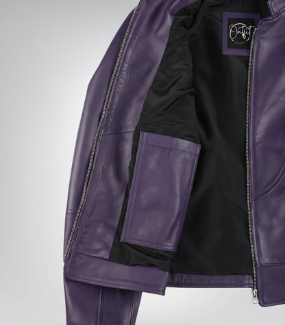 Stylish women’s purple leather biker jacket with modern fit