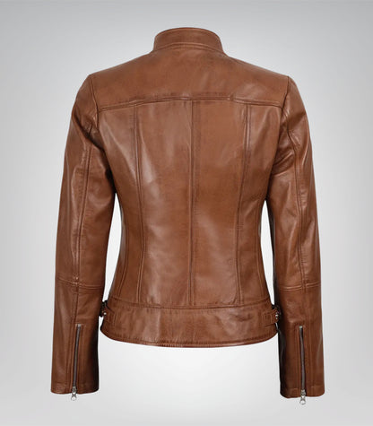 Women’s waxed leather tan moto jacket