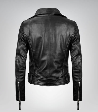 Women’s genuine black leather asymmetrical biker jacket