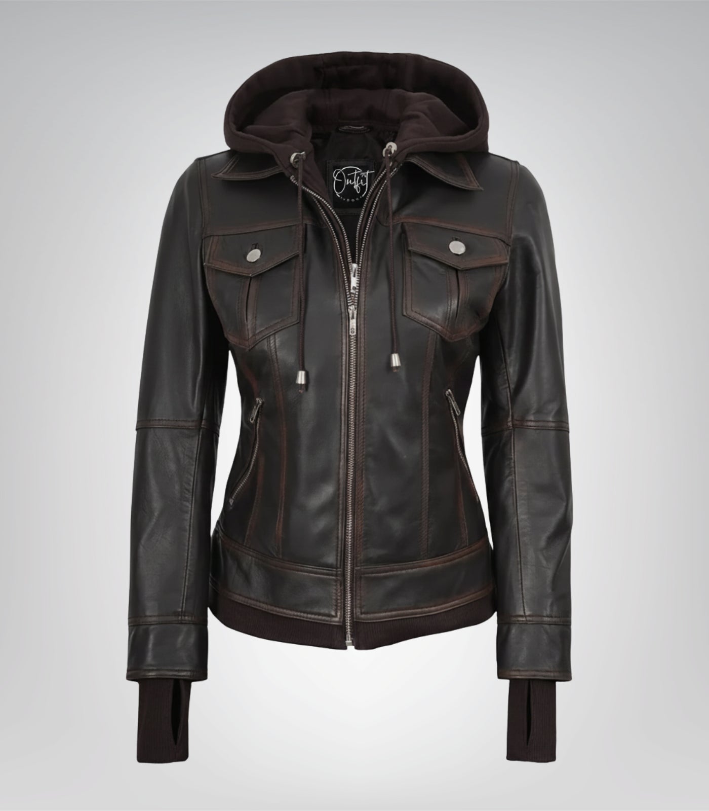 Stylish women’s brown leather bomber jacket with removable hood design