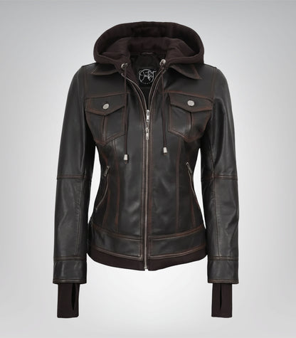 Stylish women’s brown leather bomber jacket with removable hood design