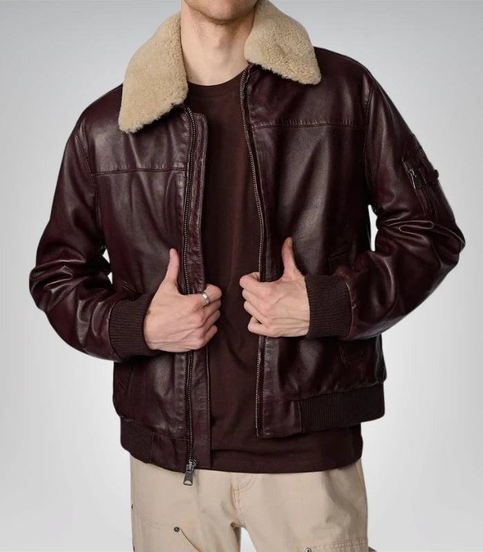 Premium brown leather bomber jacket for men – aviator style with fur hood