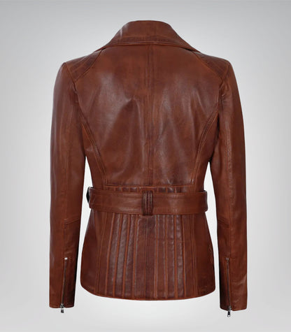 Stylish women’s cognac waxed leather biker jacket with four-pocket design