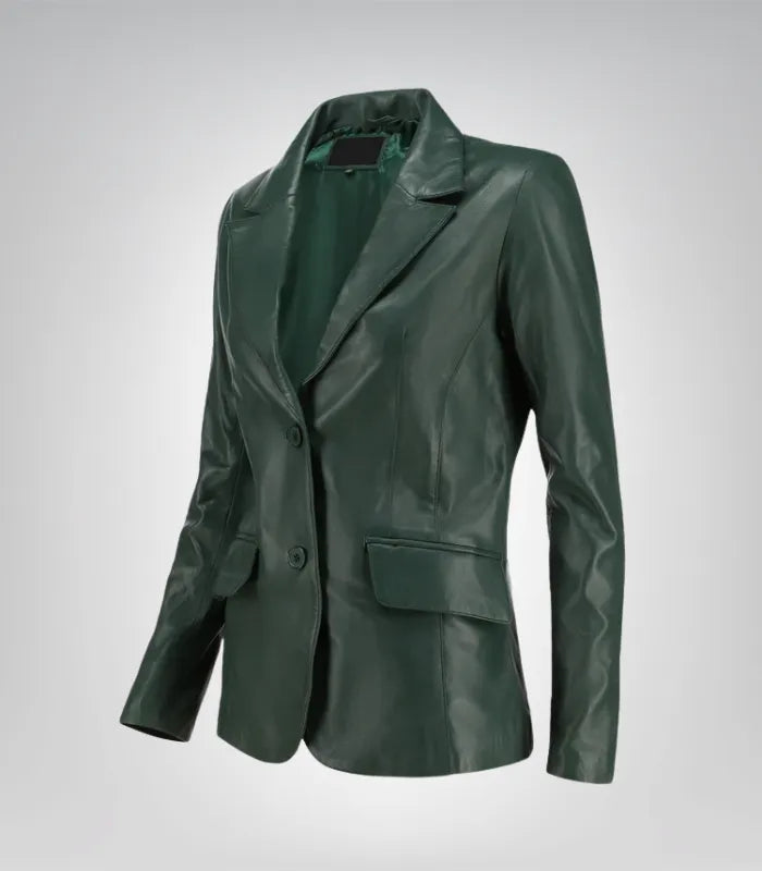 Stylish women’s green leather blazer – genuine lambskin for daily wear