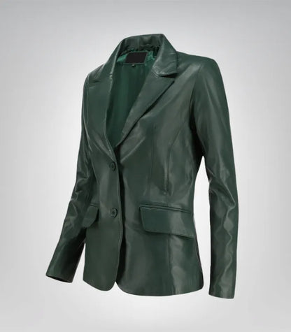 Stylish women’s green leather blazer – genuine lambskin for daily wear
