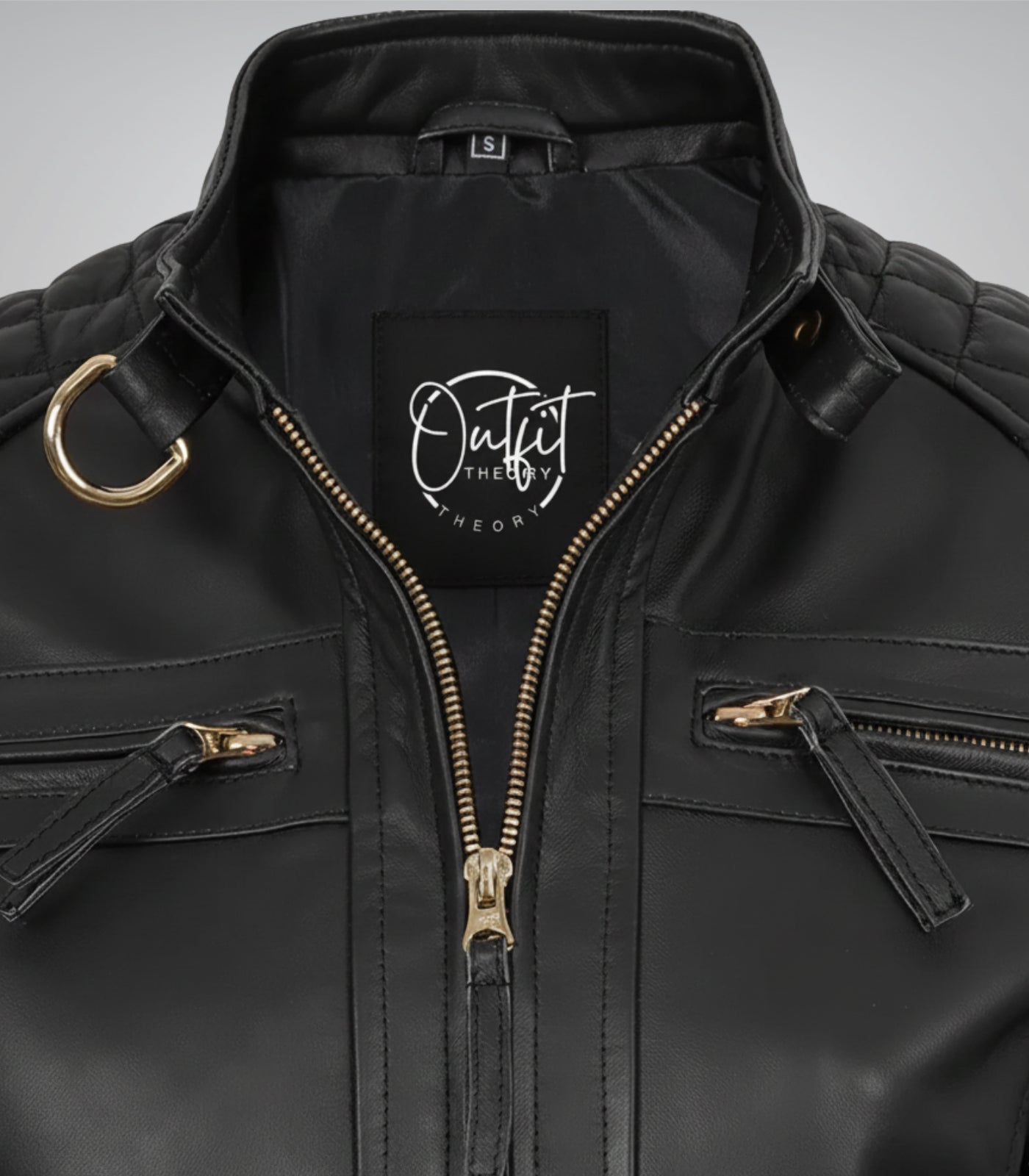 Stylish women’s black leather moto jacket with gold trim design