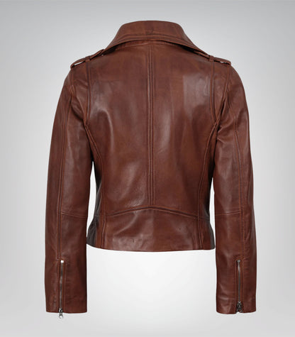Women’s Distressed Moto-Style Leather Jacket in Cognac