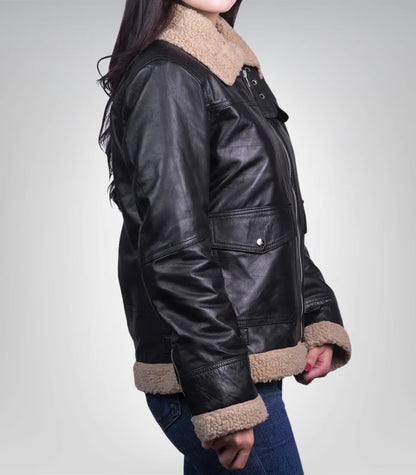 Stylish women’s shearling-lined leather bomber jacket
