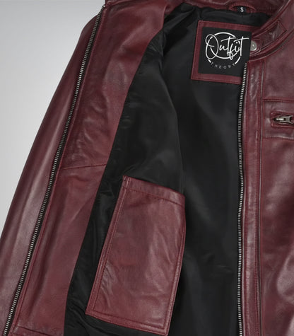 Women’s Burgundy Genuine Lambskin Moto-Style Leather Jacket